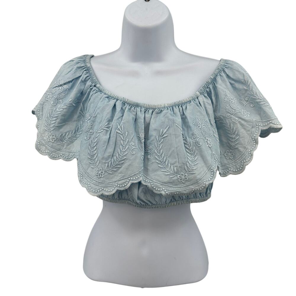 Sim & Sam Off the Shoulder Cropped Top WMNS M Bleach Wash Scalloped Embroidered